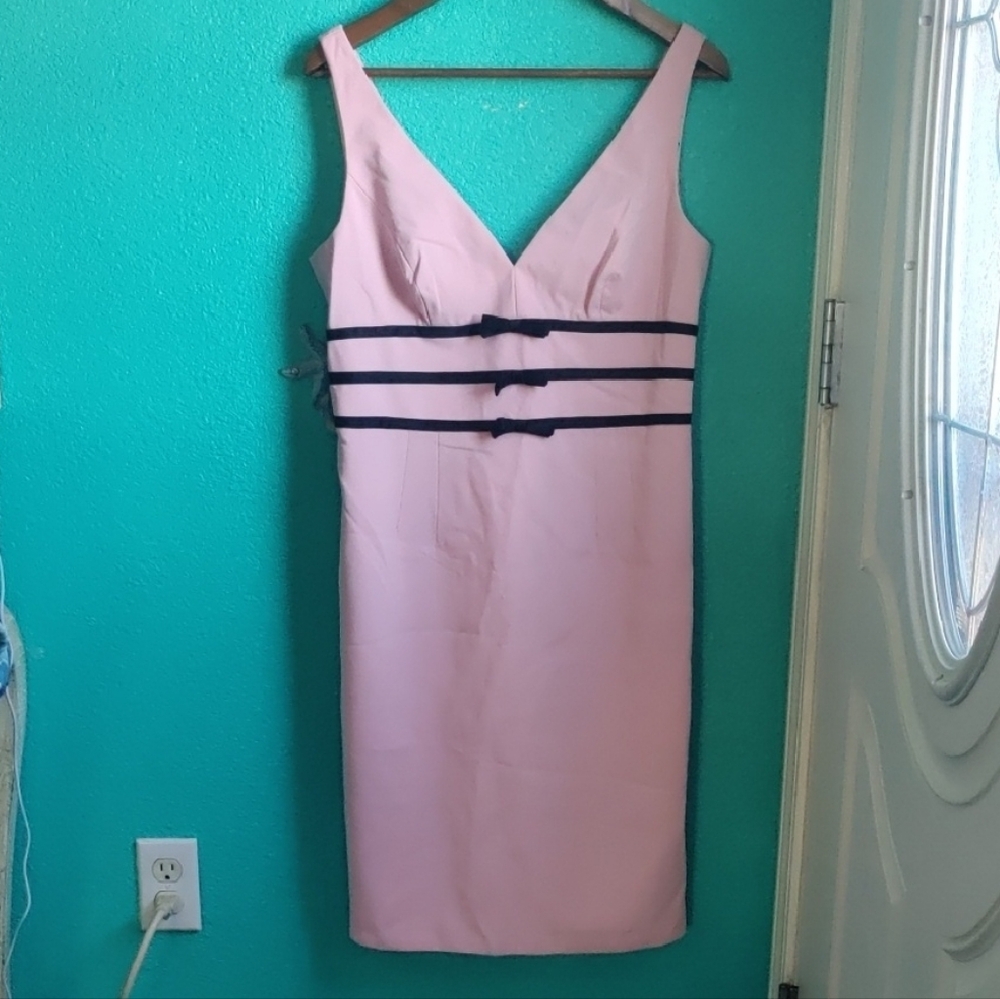 Carmen Marc Valvo Pink and Black Midi Dress V Neck Size 10
